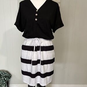Black and White Striped Midi Skirt with Drawstring Waist